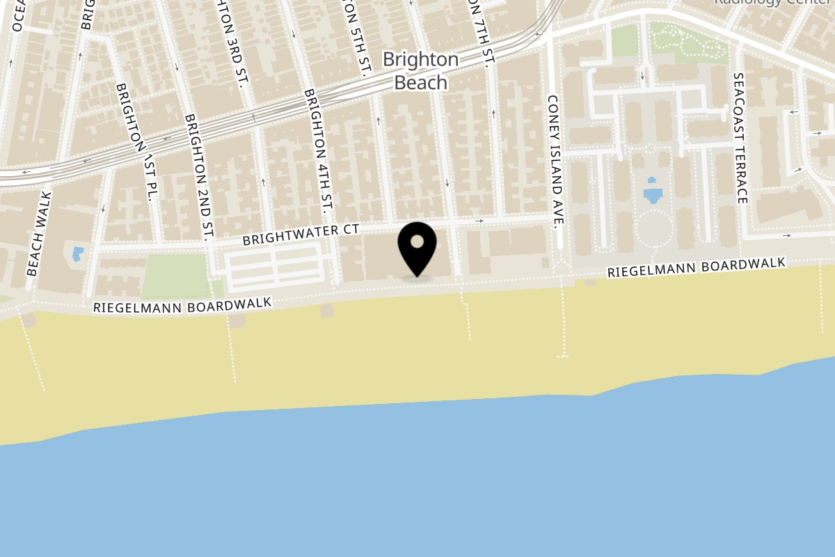 Map showing the location of Boardwalk Beer Garden on 3152 Brighton 6th St Suite 3 in Brooklyn